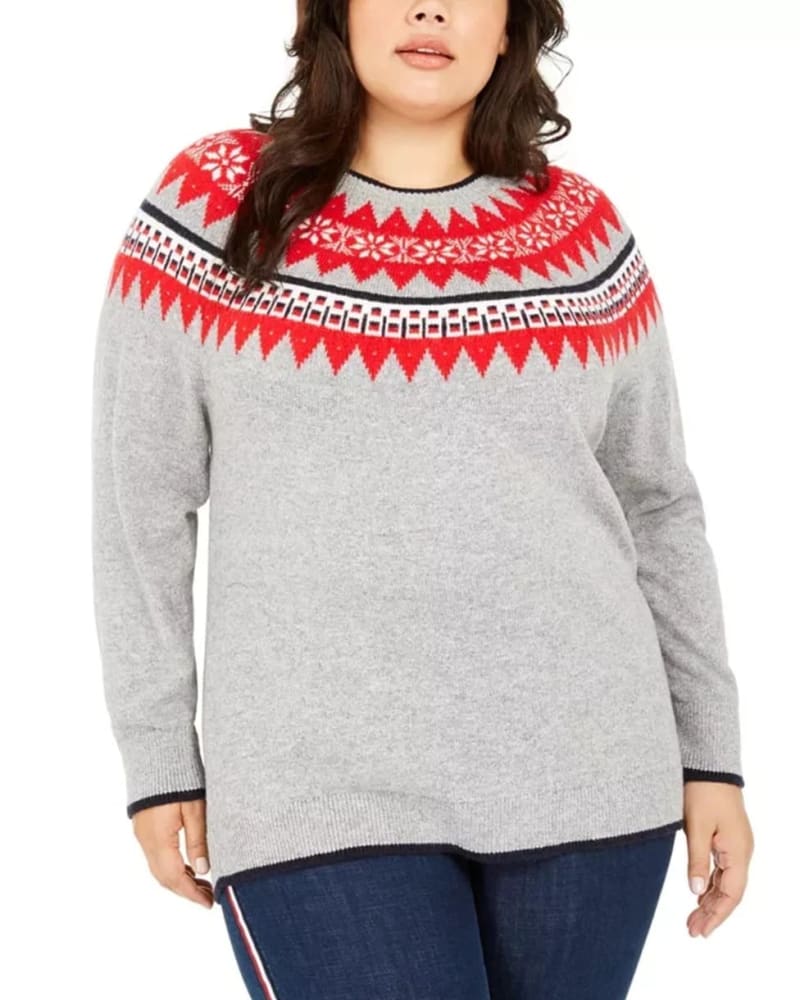 Front of a model wearing a size 2X Tommy Hilfiger Women's Plus Wool Blend Ribbed Trim Pullover Sweater Gray Size 2X in Gray by Tommy Hilfiger. | dia_product_style_image_id:314448